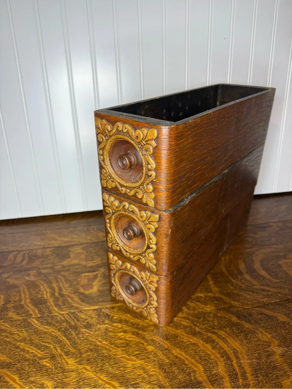 Antique Sewing Machine Drawer Cabinet: Carved Wooden Display Boxes, Ornate
